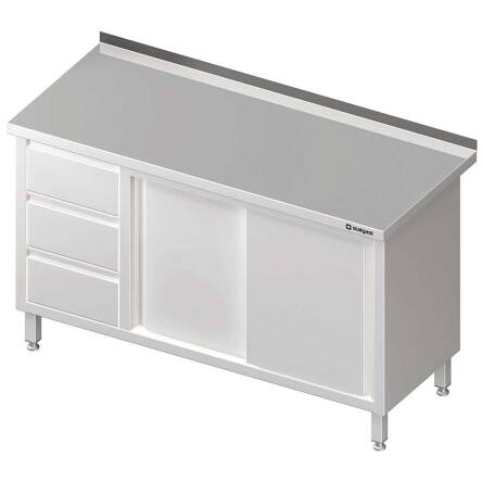 Stół przyścienny z blokiem trzech szuflad (L),drzwi suwane 1500x600x850 mm