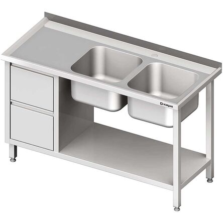 Stół ze zlewem 2-kom.(P), z blokiem dwóch szuflad i półką 1600x600x850 mm