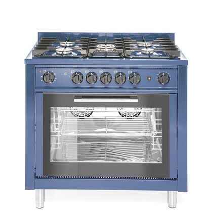 Kuchnia gazowa 5-palnikowa z konwekcyjnym piekarnikiem elektrycznym i z grillem, niebieska 