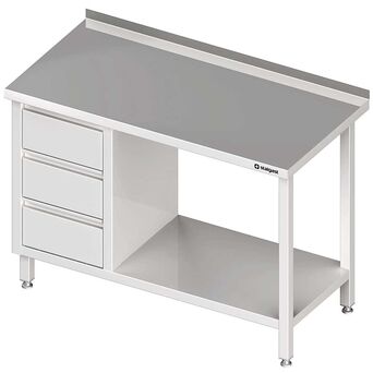 Stół przyścienny z blokiem trzech szuflad (L),i półką 1800x600x850 mm