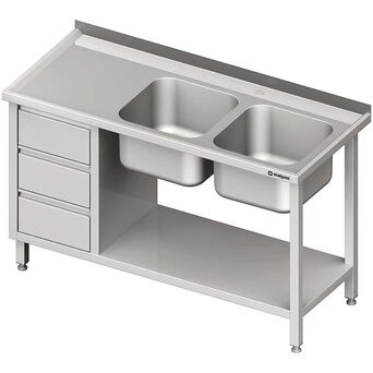 Stół ze zlewem 2-kom.(P), z blokiem trzech szuflad i półką 1800x600x850 mm