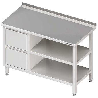 Stół przyścienny z blokiem dwóch szuflad (L),i 2-ma półkami 1300x600x850 mm
