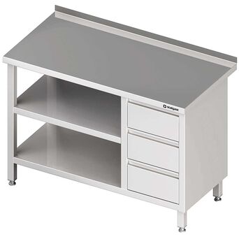 Stół przyścienny z blokiem trzech szuflad (P),i 2-ma półkami 900x600x850 mm