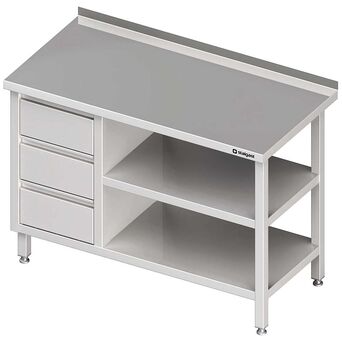Stół przyścienny z blokiem trzech szuflad (L),i 2-ma półkami 800x600x850 mm