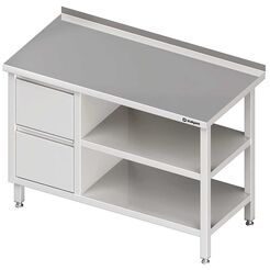 Stół przyścienny z blokiem dwóch szuflad (L),i 2-ma półkami 900x600x850 mm