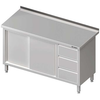 Stół przyścienny z blokiem trzech szuflad (P),drzwi suwane 1400x600x850 mm